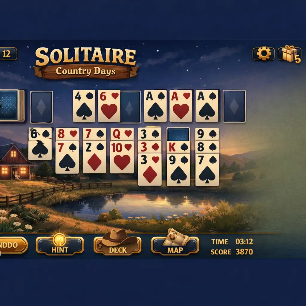 Széles Solitaire Country Days játéktér rendezett pasziánszkártyákkal és vidéki hangulatú háttérrel