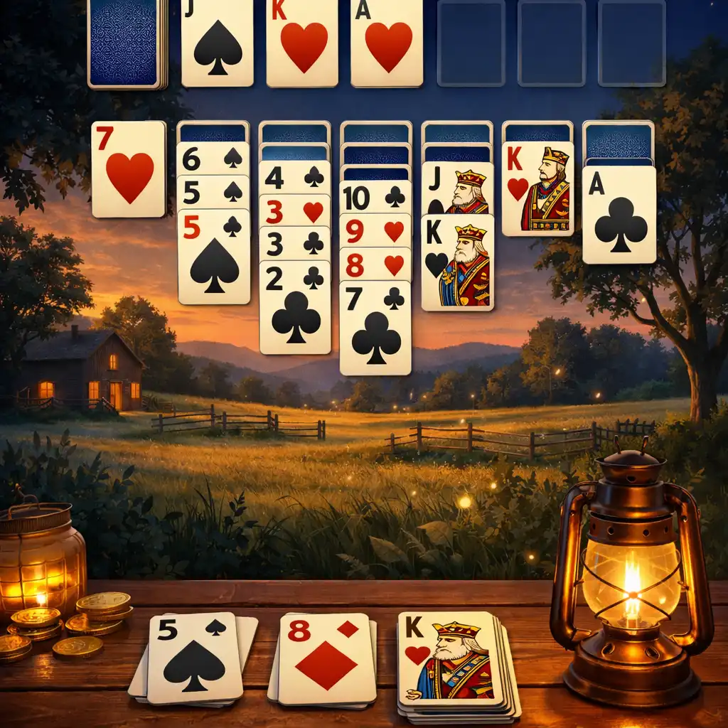 Álló nézetű Solitaire Country Days ihlette pasziánz játéktér vidéki, alkonyati háttérrel