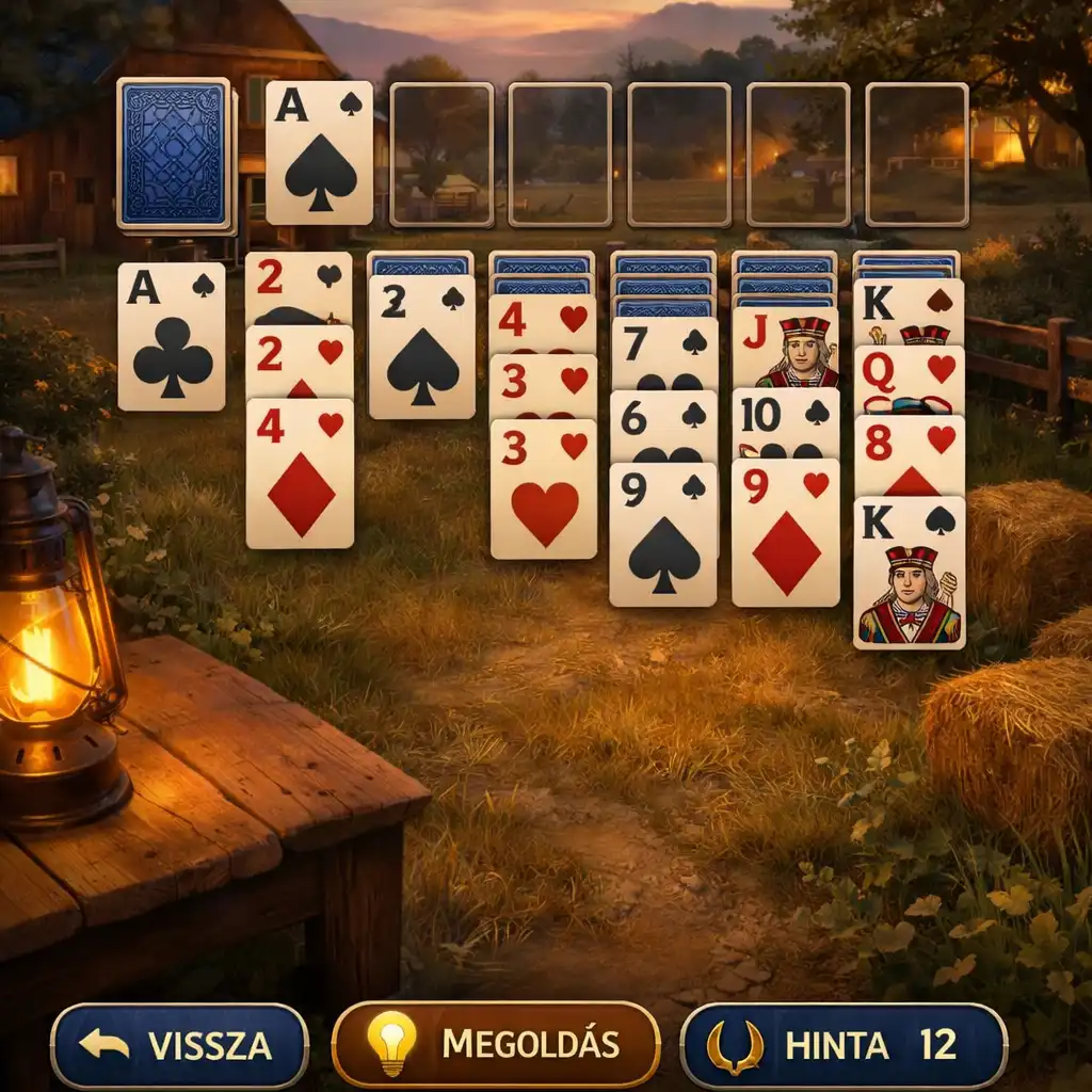 Álló Solitaire Country Days játéktábla rendezett pasziánszkártyákkal és vidéki háttérrel
