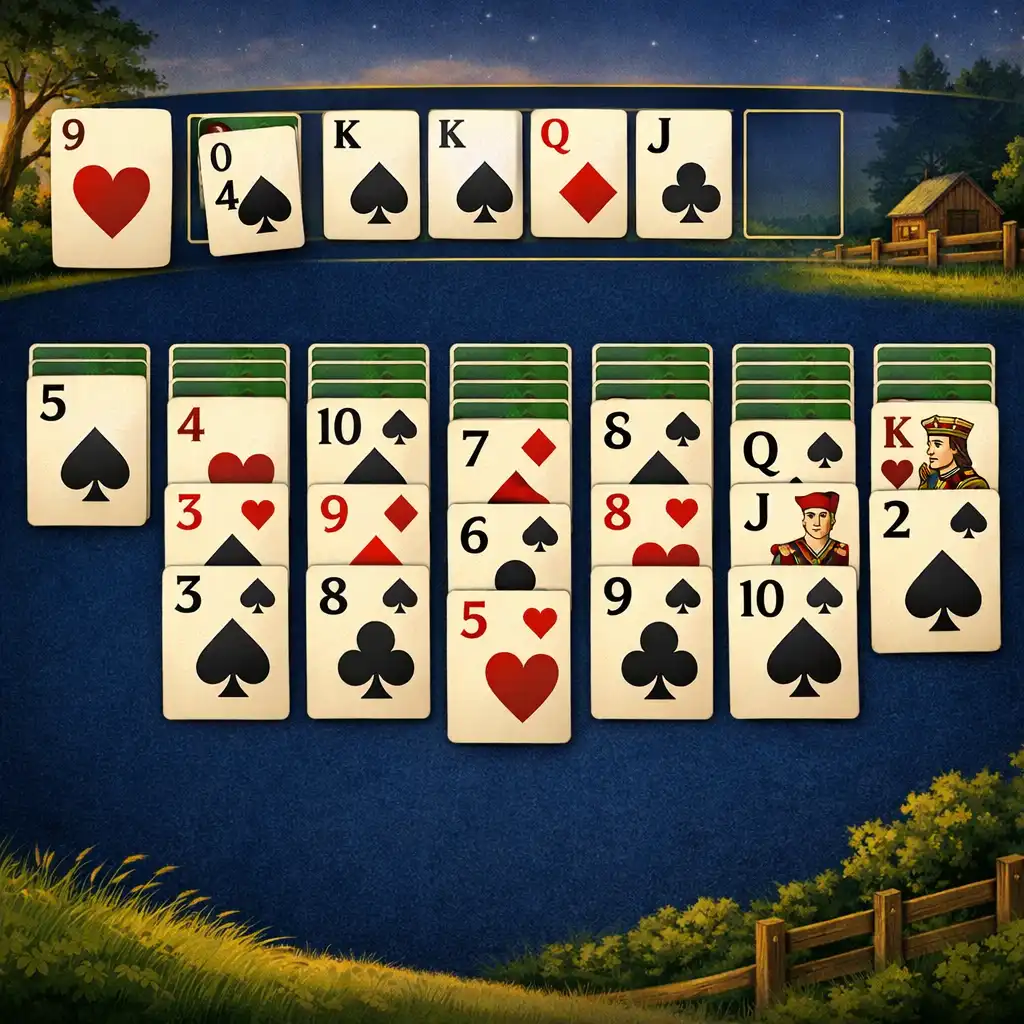 Összetettebb Solitaire Country Days kártyaelrendezés vidéki esti háttér előtt