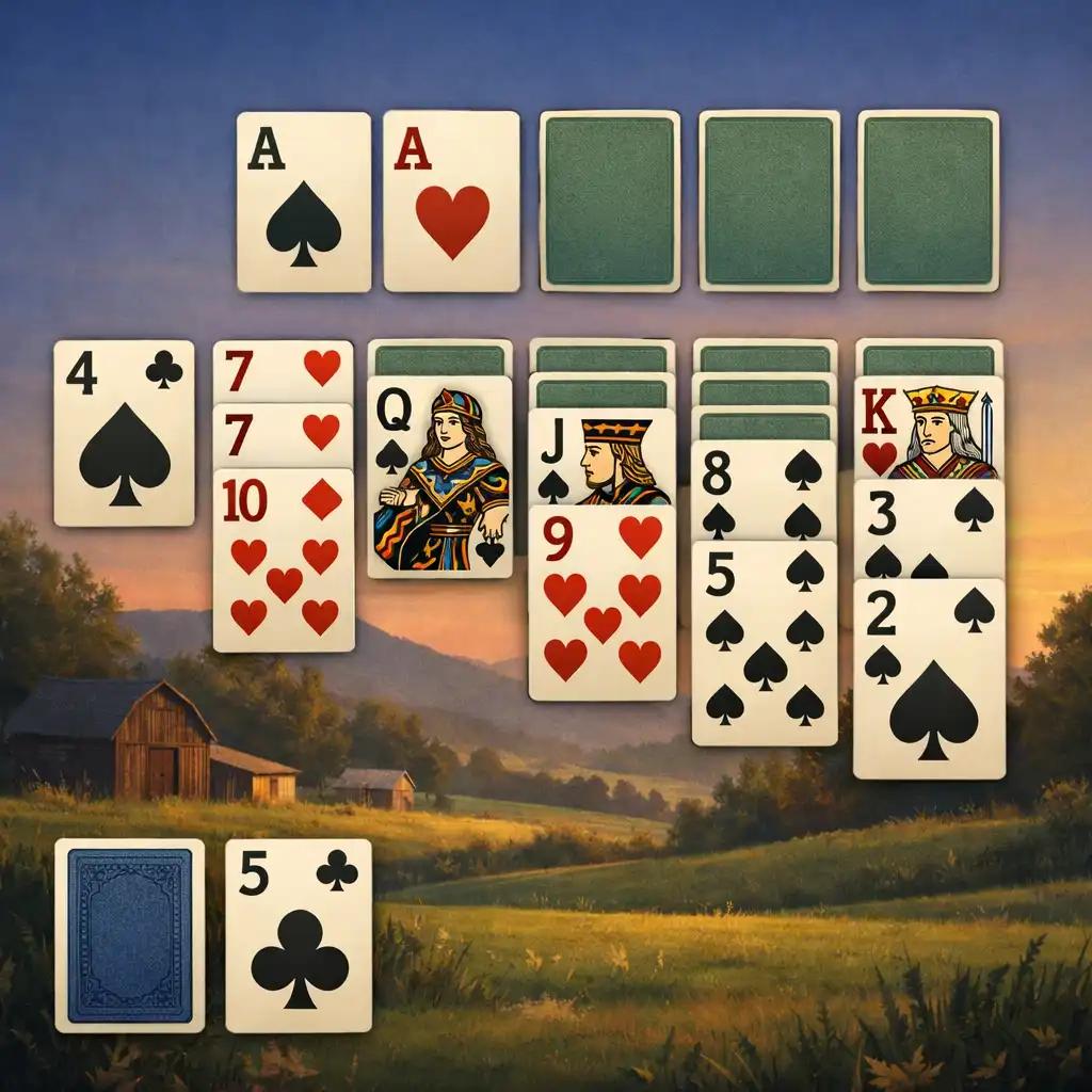 Klasszikus pasziánszkártyák elrendezése a Solitaire Country Days mobiljáték felületén