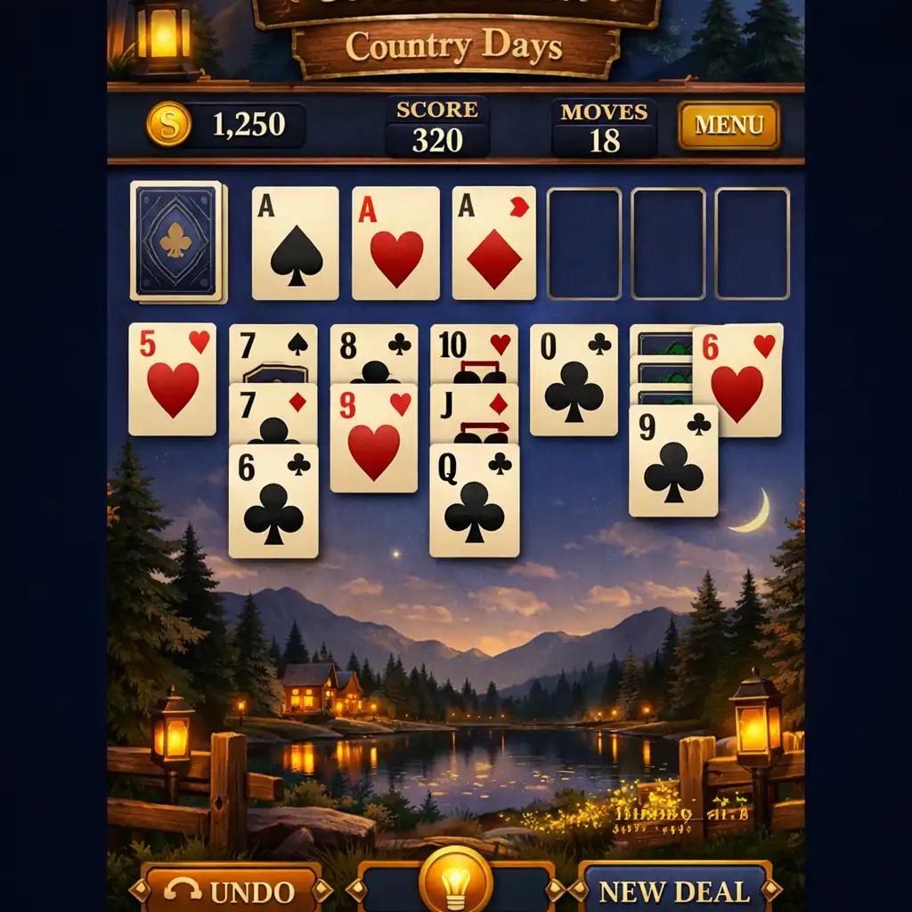 Solitaire Country Days pasziánsz játéktér vidéki ihletésű háttérrel