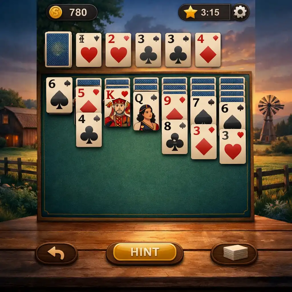 Solitaire Country Days játéktér pasziánszkártyákkal, vidéki háttér előtt