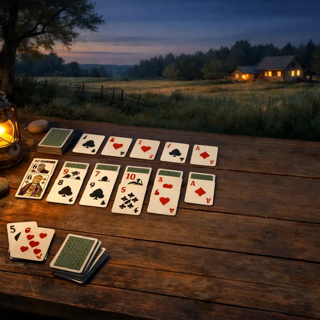 Nyugodt Solitaire Country Days játékkör kártyatáblával és halk esti vidéki háttérrel
