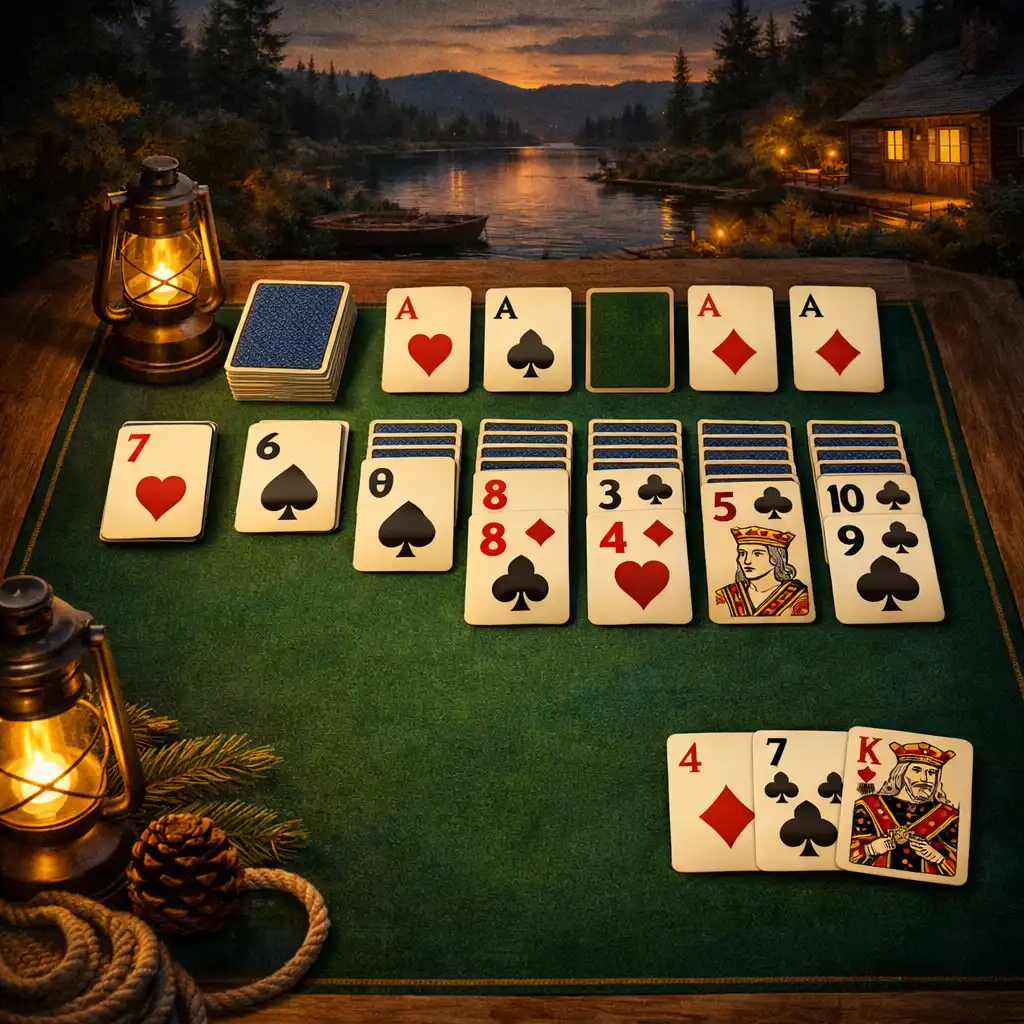 Solitaire Country Days pasziánsz-asztal alkonyati, vidéki hangulatú kártyaelrendezéssel