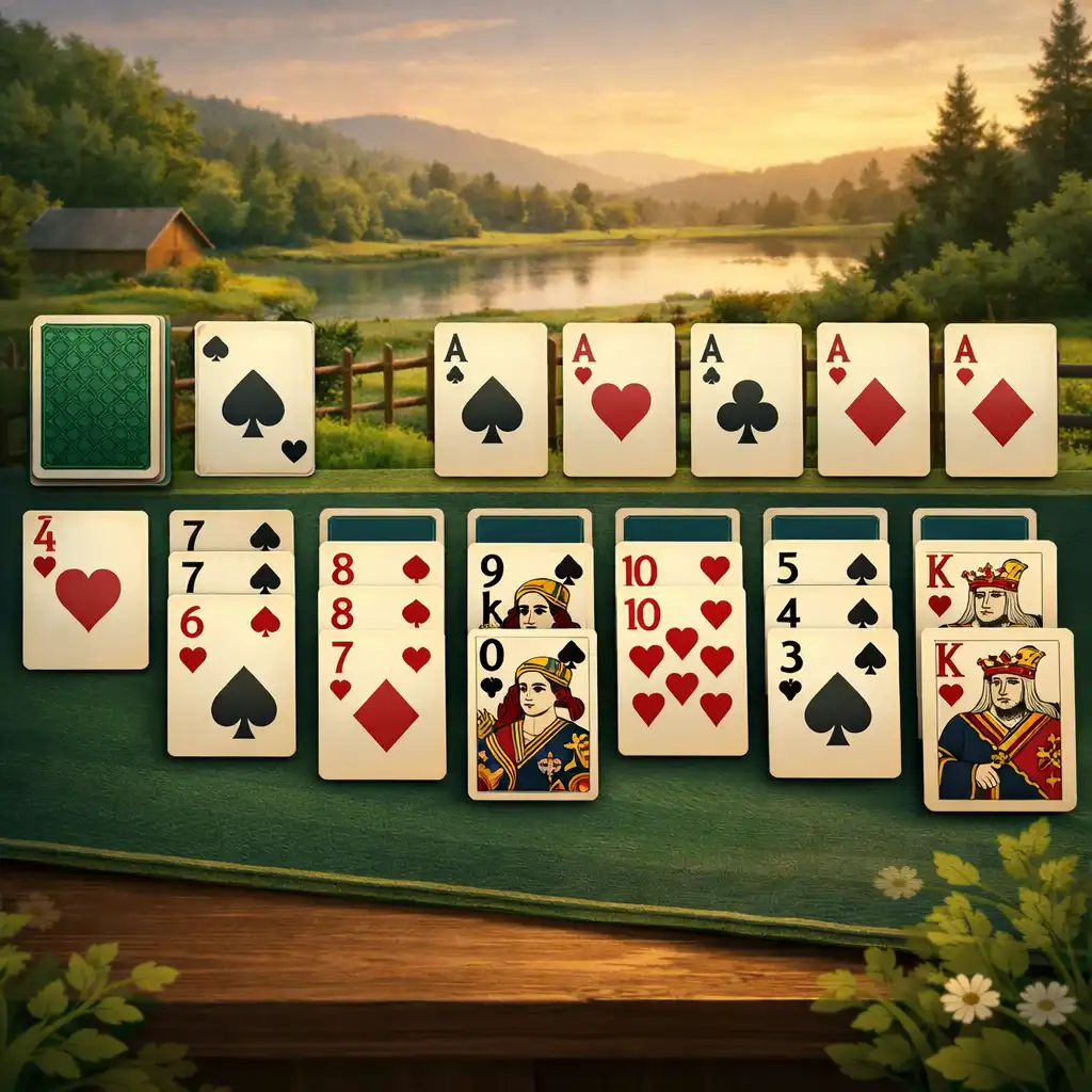 Széles Solitaire Country Days ihlette játéktér tisztán látható kártyaoszlopokkal és természetközeli háttérrel